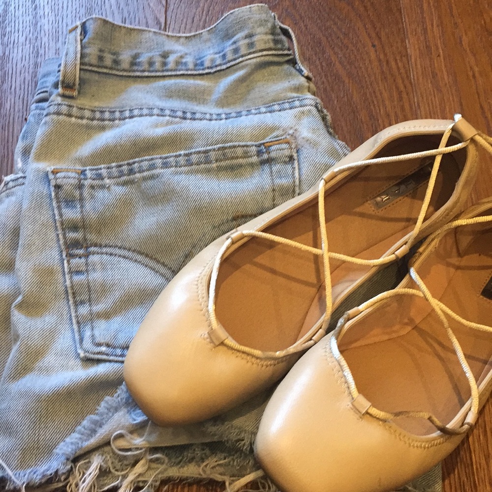 Tahari lace up nude flats